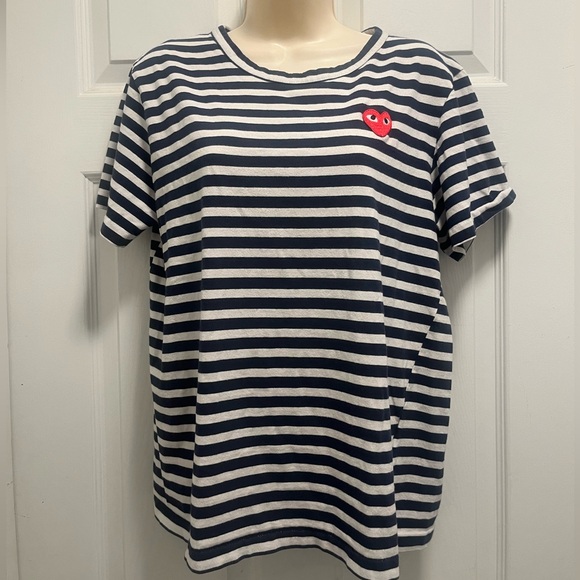 PLAY Comme des Garçons Navy White Striped T-shirt  red heart patch logo-L-EUC - Picture 3 of 10